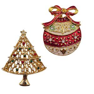 Christmas Brooch 2PC Set Gold Tone Red Enamel Holiday Festive Tree Ornament Snow